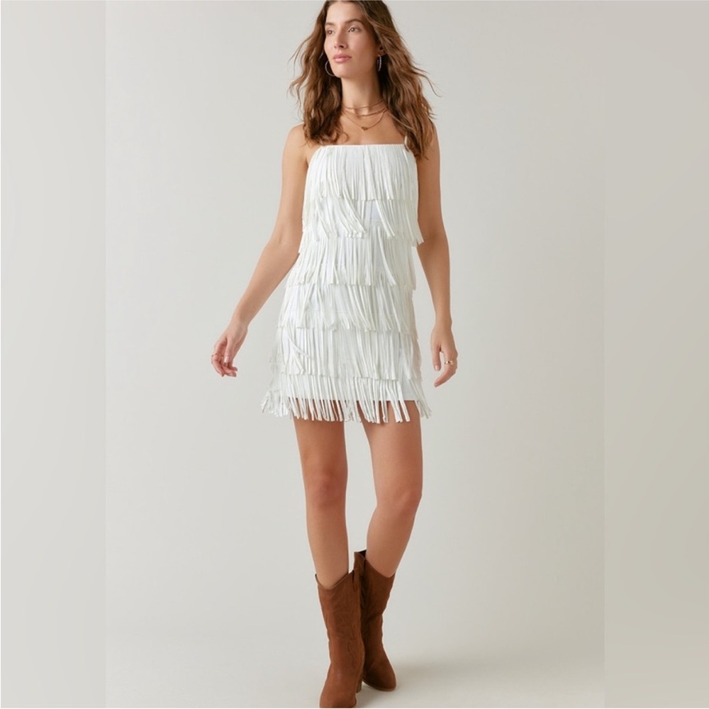 NWT Audrey Parks Off-White Layered Fringe Mini Dress M